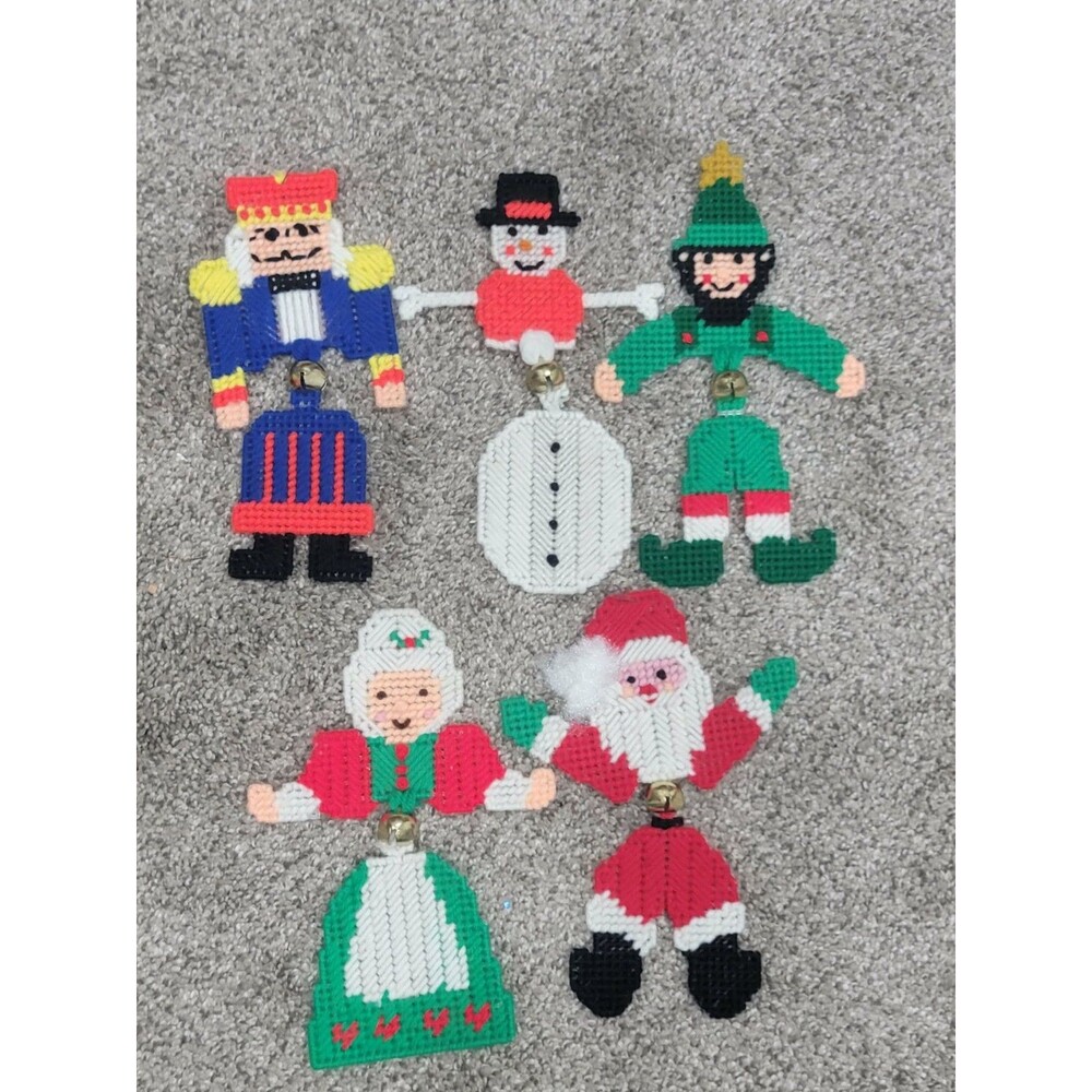Vintage Handmade Plastic Canvas Christmas Ornament Lot Santa Elf Snowman Claus